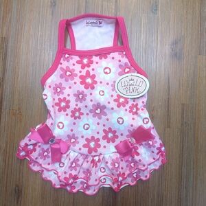 Lulu Pink Dog Pink & White Dress with Pink Bows And Heart Jewels Size M